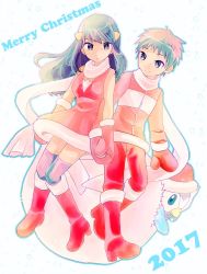 Rule 34 | 1boy, 1girl, blue eyes, boots, breasts, christmas, closed mouth, creatures (company), dawn (pokemon), dress, game freak, gen 4 pokemon, gloves, holding hands, long hair, looking at viewer, lucas (pokemon), merry christmas, nintendo, piplup, pokemon, pokemon (creature), pokemon dppt, scarf, smile, thighhighs, winter clothes
