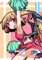 Rule 34 | 1girl, alternate costume, arm up, armpits, ass, blonde hair, blue panties, blush, bow, cheerleader, fang, flandre scarlet, hair bow, hair ornament, hemogurobin a1c, looking at viewer, no headwear, no headwear, open mouth, panties, pantyshot, pom pom (cheerleading), red eyes, side ponytail, solo, touhou, trefoil, underwear, wings