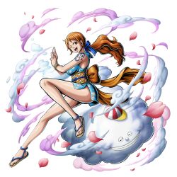 Rule 34 | 1girl, 1other, alternate costume, ass, bare arms, bare legs, bare shoulders, breasts, cowboy shot, curvy, dress, earrings, full body, hat, japanese clothes, jewelry, jumping, kimono, kunoichi, large breasts, long hair, looking at viewer, low ponytail, nami (one piece), nami (one piece) (wano), navel, ninja, official alternate costume, official art, one eye closed, one piece, one piece: bounty rush, orange eyes, orange hair, pearl earrings, revealing clothes, shiny skin, short dress, smile, transparent background, very long hair, wide hips, wink, zeus (one piece)