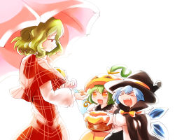 Rule 34 | &gt; &lt;, 3girls, :d, b-q, basket, blue hair, cape, capelet, cirno, cookie, daiyousei, dress, closed eyes, fairy wings, fang, food, green hair, halloween, halloween costume, hat, ice, ice wings, kashuu (b-q), kazami yuuka, light smile, long sleeves, multiple girls, open mouth, parasol, pumpkin hat, red dress, red eyes, smile, touhou, umbrella, wings, witch hat, xd, yellow eyes