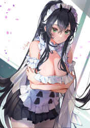 Rule 34 | 1girl, a (sofi3103), absurdres, apron, arm garter, arms under breasts, azur lane, bad id, bad twitter id, bare shoulders, black hair, black skirt, breasts, choker, cleavage, cowboy shot, dutch angle, floating hair, frilled apron, frilled choker, frilled garter, frilled hairband, frills, green eyes, hairband, highres, indomitable (azur lane), indomitable (ms. motivationless maid) (azur lane), large breasts, long hair, looking at viewer, maid, maid apron, pantyhose, pleated skirt, skirt, solo, twitter username, very long hair, white choker, white pantyhose