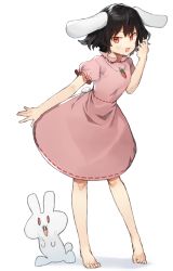 Rule 34 | 1girl, :d, animal ears, bad id, bad pixiv id, barefoot, black hair, blush, carrot necklace, commentary request, dress, feet, full body, hand up, highres, inaba tewi, jewelry, looking at viewer, necklace, open mouth, pink dress, puffy short sleeves, puffy sleeves, rabbit, rabbit ears, rabbit girl, rabbit tail, red eyes, shadow, short hair, short sleeves, simple background, smile, solo, standing, suminagashi, tail, toes, touhou, white background