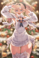 Rule 34 | 1girl, black hairband, black scrunchie, blonde hair, blue eyes, blurry, blurry background, bow, braid, breasts, christmas, christmas tree, commentary request, dress, granblue fantasy, green bow, hair bow, hair ornament, hair scrunchie, hairband, helel ben shalem, helel ben shalem (holiday) (granblue fantasy), highres, long hair, long sleeves, looking at viewer, medium breasts, multicolored hair, open mouth, scrunchie, smile, solo, sweater, teeth, tekkai blade, thighhighs, thighs, twin braids, upper teeth only, white dress, white sweater, white thighhighs, zeta (granblue fantasy)