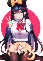 Rule 34 | 1girl, absurdres, animal, animal ears, animal on lap, ayamy, black hair, black pantyhose, blazer, blue eyes, blush, bow, breasts, cat, cleavage, fake animal ears, hair ornament, head tilt, highres, jacket, large breasts, long hair, long sleeves, looking at viewer, mouse (animal), mouse ears, off shoulder, on lap, open clothes, open mouth, original, pantyhose, red bow, scan, shiny clothes, shiny skin, shirt, simple background, sitting, skirt, sleeping, v, wariza, white background, white shirt, x hair ornament