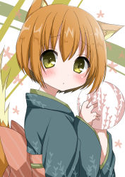 Rule 34 | 1girl, absurdres, animal ears, ball, blue kimono, blush, bow, brown bow, brown hair, commentary request, diagonal stripes, hair between eyes, hamada pengin, hands up, highres, holding, holding ball, hoshizora rin, japanese clothes, kimono, long sleeves, looking at viewer, looking to the side, love live!, love live! school idol project, parted lips, print kimono, short hair, solo, striped, striped bow, tail, tail raised, wide sleeves, yellow eyes
