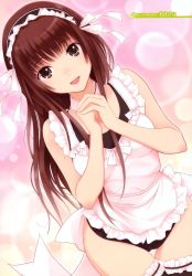 Rule 34 | 1girl, amagami, apron, brown eyes, brown hair, cameltoe, dutch angle, frilled thighhighs, frills, highres, kamizaki risa, long hair, maid headdress, no pants, one-piece swimsuit, own hands together, school swimsuit, solo, swimsuit, thigh gap, thighhighs, thighs, wakatsuki sana