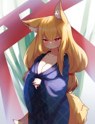 Rule 34 | 1girl, absurdres, animal ear fluff, animal ears, blonde hair, blue kimono, blush, breasts, brown eyes, cleavage, done (donezumi), fox ears, fox girl, fox tail, highres, japanese clothes, kimono, large breasts, long hair, low twintails, original, outdoors, own hands together, solo, tail, torii, twintails