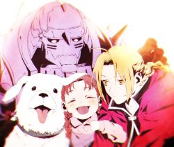 Rule 34 | 1girl, 2boys, :d, ^ ^, alexander (fma), alphonse elric, animal, armor, backlighting, black gloves, blonde hair, blurry, blush, braid, braided ponytail, brown hair, child, close-up, closed eyes, coat, commentary request, depth of field, dog, dot nose, edward elric, fullmetal alchemist, gloves, happy, helmet, highres, ichii (tkgodantkamatu), looking at another, multiple boys, nina tucker, open mouth, red coat, sidelocks, simple background, single braid, smile, tongue, tongue out, twin braids, upper body, white background, yellow eyes