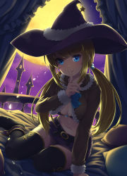 Rule 34 | 1girl, arm support, backlighting, bed, bed sheet, belt, black thighhighs, blonde hair, blue eyes, bow, cloud, dark, finger to mouth, full moon, hair bobbles, hair ornament, hat, highres, lens flare, long hair, looking at viewer, miniskirt, moon, moonlight, navel, night, night sky, no shoes, on bed, original, pencil skirt, pillow, sasaame, shushing, sitting, skirt, sky, smile, solo, thighhighs, twintails, witch hat, yokozuwari, zettai ryouiki