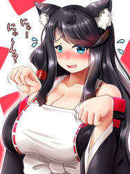 Rule 34 | 1girl, animal ear fluff, animal ears, apron, azur lane, bare shoulders, baroque20320514fu, black hair, black kimono, blush, breasts, cat ears, cleavage, fusou (azur lane), green eyes, highres, huge breasts, japanese clothes, kimono, long hair, looking at viewer, miko, open mouth, paw pose, very long hair