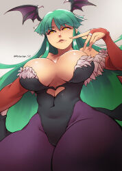 Rule 34 | 1girl, artist name, bare shoulders, black leotard, breasts, bridal gauntlets, cleavage, clothing cutout, commentary, cowboy shot, cutout above navel, darkstalkers, demon girl, demon wings, english commentary, green eyes, grey background, head wings, heart cutout, large breasts, leotard, low wings, mixed-language commentary, morrigan aensland, multiple wings, off shoulder, pantyhose, purple pantyhose, simple background, solo, twitter username, wings, yellow eyes, yotastar