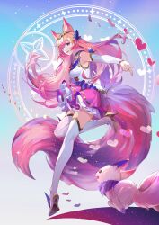 Rule 34 | 1girl, absurdres, ahri (league of legends), alternate costume, animal ears, artist request, bare shoulders, blonde hair, blue eyes, boots, breasts, brooch, choker, closed mouth, eyelashes, eyeshadow, floating hair, fox ears, fox girl, fox tail, full body, hair between eyes, hair ornament, heart, high heel boots, high heels, highres, jewelry, league of legends, long hair, looking at viewer, makeup, medium breasts, multicolored hair, nail polish, official alternate costume, official art, orange hair, outstretched arm, pink lips, pink nails, pink skirt, pointing, pointing at viewer, skirt, sleeveless, smile, solo, sparkle, standing, standing on one leg, star brooch, star guardian (league of legends), star guardian ahri, star guardian pet, tail, thighhighs, white footwear, white thighhighs