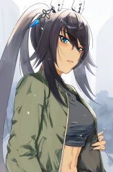 Rule 34 | 1girl, animal ears, arm at side, blue eyes, breasts, commentary request, cropped shirt, day, earrings, fog, hair between eyes, high ponytail, highres, horse ears, jacket, jewelry, large breasts, light smile, linea alba, long hair, long sleeves, looking at viewer, midriff, navel, open clothes, open jacket, orusun, outdoors, parted lips, pendant, shirt, solo, stomach, symboli kris s (umamusume), tan, taut clothes, taut shirt, toned, umamusume, upper body, very long hair