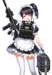 Rule 34 | 1girl, apron, assault rifle, bag, black dress, black hair, chest rig, dress, gloves, gun, holding, holding bag, holding gun, holding weapon, kws, looking at viewer, maid, maid apron, maid headdress, mk 556, optical sight, original, pink eyes, rifle, side ponytail, smile, solo, suppressor, tactical maid, thighhighs, thighs, trigger discipline, unconventional maid, weapon, white apron, white background, white gloves, white thighhighs