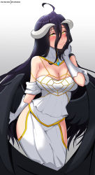 Rule 34 | 1girl, absurdres, ahoge, albedo (overlord), arm at side, bare shoulders, black hair, black wings, blush, breasts, cleavage, closed mouth, clothing cutout, commentary, demon girl, demon horns, dot nose, dress, english commentary, feathered wings, full-face blush, gloves, gold trim, hair between eyes, hand up, highres, hioyami, horns, large breasts, legs together, looking at viewer, low wings, overlord (maruyama), patreon username, simple background, smile, solo, spider web print, white background, white dress, white gloves, wings, yellow eyes