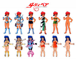 Rule 34 | 1980s (style), armor, bikini, blue hair, breasts, china dress, chinese clothes, cleavage, dirty pair, dress, earrings, gun, highres, jewelry, kei (dirty pair), long hair, navel, nipples, nude, retro artstyle, power suit, quipao, red hair, retro artstyle, short hair, shorts, swimsuit, weapon, yuri (dirty pair)