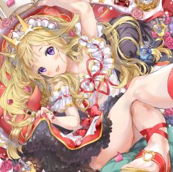 Rule 34 | 1girl, bad id, bad twitter id, blonde hair, bottle, cagliostro (granblue fantasy), dress, flower, frilled dress, frills, granblue fantasy, headband, highres, lipstick, long hair, lying, makeup, off-shoulder dress, off shoulder, on back, ooluoul, petals, purple eyes, red flower, solo, tongue, tongue out