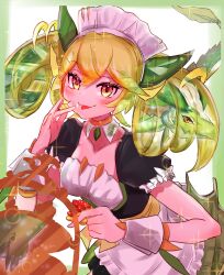 Rule 34 | 1girl, alternate form, detached collar, dragon, dragon tail, dragonmaid lorpar, duel monster, food, green eyes, green hair, highres, holding, holding food, licking, licking finger, maid headdress, noppe, orange eyes, parlor dragonmaid, short sleeves, solo, tail, wrist cuffs, yellow eyes, yu-gi-oh!