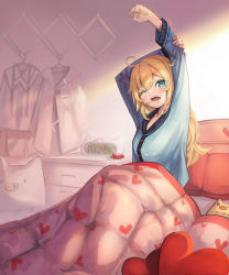 Rule 34 | 1girl, absurdres, ahoge, akai haato, alarm clock, alternate costume, bed, bedroom, blanket, blonde hair, blue eyes, blue shirt, breasts, clenched hand, clock, clothes hanger, commentary, day, digital clock, drooling, haaton (akai haato), heart, heart print, highres, hololive, indoors, long hair, long sleeves, looking at viewer, medium breasts, one eye closed, open mouth, pajamas, pillow, pyytato, saliva, unworn scrunchie, shirt, sitting, solo, stretching, stuffed animal, stuffed pig, stuffed toy, sunlight, under covers, virtual youtuber, waking up
