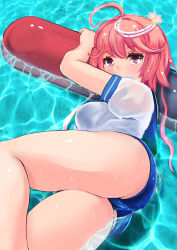 Rule 34 | 10s, 1girl, ass, breasts, hair ornament, i-58 (kancolle), kantai collection, looking at viewer, lying, neckerchief, on side, one-piece swimsuit, pink eyes, pink hair, school swimsuit, school uniform, serafuku, short hair, solo, swimsuit, swimsuit under clothes, torpedo, type 95 torpedo, water, yamasan (hachiman)