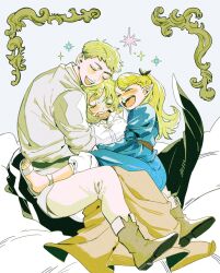 Rule 34 | 1boy, 2girls, :d, baggy pants, balsang, belt, black belt, black ribbon, blonde hair, blue dress, blush, boots, boy and girl sandwich, brother and sister, brown belt, closed eyes, dress, dungeon meshi, elf, falin touden, feathers, group hug, hair ribbon, hashtag-only commentary, highres, hug, juliet sleeves, laios touden, light blush, long hair, long sleeves, marcille donato, medium hair, multiple girls, on bed, open mouth, pants, pointy ears, ponytail, puffy sleeves, ribbon, sandals, sandwiched, shirt, short hair, siblings, simple background, smile, sparkle, spoilers, sweat, tearing up, white background, white pants, white shirt