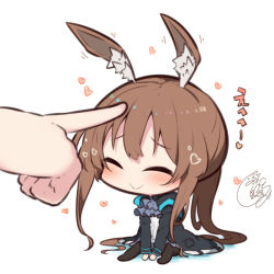 Rule 34 | 1girl, ^ ^, amiya (arknights), animal ear fluff, animal ears, arknights, ascot, beni shake, black jacket, black pantyhose, blue ascot, blush, brown hair, chibi, closed eyes, closed mouth, colored shadow, commentary request, heart, jacket, long hair, mini person, minigirl, no shoes, open clothes, open jacket, pantyhose, ponytail, rabbit ears, shadow, shirt, signature, sitting, smile, solo focus, translation request, very long hair, white background, white shirt