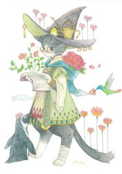 Rule 34 | animal, animal focus, animal on head, artist name, bandaged leg, bandages, bird, bird on head, black fur, black hat, book, cat, cat day, clothed animal, flower, full body, furry, glasses, hat, highres, holding, holding book, hood, hood down, inomi, jewelry, leaf, long sleeves, no humans, on head, open book, original, penguin, petals, pink flower, pink rose, reading, red flower, robe, rose, round eyewear, signature, simple background, solo, standing, tail, tassel, traditional media, twitter username, watering can, watermark, white background, wide sleeves, witch hat
