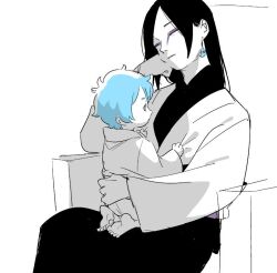 Rule 34 | aged down, baby, barefoot, black hair, blue hair, boruto: naruto next generations, earrings, eyeliner, father and son, hand on another&#039;s back, hand on own cheek, hand on own face, japanese clothes, jewelry, kimono, makeup, mitsuki (naruto), monochrome, naruto (series), orochimaru (naruto), parent and child, sitting, sitting in chair, sitting on knees, sitting on lap, sitting on person, sleeping, spiked hair, yellow eyes