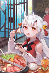 Rule 34 | + +, 3girls, alternate costume, bell, black neckerchief, bowl, center-flap bangs, chopsticks, collared shirt, commentary request, detached sleeves, drooling, food, hair bell, hair bun, hair ornament, highres, holding, holding chopsticks, holding food, hololive, horns, hotpot, indoors, jingle bell, ladle, long hair, long sleeves, looking at food, mouth drool, multicolored hair, multiple girls, nakiri ayame, neckerchief, oni, open mouth, plastic bottle, red eyes, red hair, red nails, red shirt, rice bowl, shirt, single side bun, sitting, sleeveless, sleeveless shirt, sleeveless sweater, solo focus, streaked hair, sweater, table, tassel, tassel hair ornament, tile floor, tiles, turtleneck, turtleneck sweater, virtual youtuber, white hair, white horns, white sweater, wooden table, wooden wall, xiaoshi2996