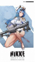 Rule 34 | 1girl, anti-materiel rifle, artist request, blue eyes, blue hair, blush, braid, breasts, buttons, closed mouth, commentary request, company name, copyright name, epaulettes, full body, gloves, goddess of victory: nikke, gold trim, grid background, gun, hat, helm (nikke), high heels, highres, holding, holding weapon, kneeling, large breasts, lips, logo, long hair, long sleeves, looking away, military, military uniform, official art, peaked cap, rifle, shiny skin, simple background, sniper rifle, sword, thighs, trigger discipline, uniform, weapon, white gloves, zoom layer