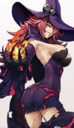 Rule 34 | 1girl, arc system works, artist request, ass, bare shoulders, black sclera, blazblue, blazblue: central fiction, breasts, cape, colored sclera, detached sleeves, dress, fingernails, fire, from behind, gloves, hair over one eye, hat, highres, konoe a. mercury, large breasts, long fingernails, long hair, looking at viewer, looking down, mature female, pink hair, sharp fingernails, shiny clothes, shiny skin, short dress, sideboob, smile, solo, thighhighs, witch, witch hat, yellow eyes