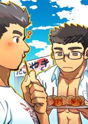 Rule 34 | 2boys, ?, alternate costume, bara, blush, casual, clothes writing, empty eyes, food, glasses, highres, looking at another, male focus, protagonist 3 (housamo), motoori shiro, multiple boys, muscular, muscular male, open clothes, open shirt, pectoral cleavage, pectorals, shirt, short hair, sideburns, taiyaki, takoyaki, tokiniha netai (pm8sleepy), tokyo houkago summoners, topless male, translation request, upper body, wagashi, white shirt