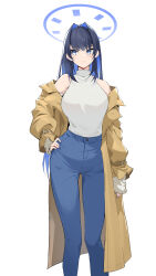 Rule 34 | 1girl, absurdres, bare shoulders, belt, blue eyes, blue hair, blue pants, breasts, brown coat, casual, closed mouth, coat, earrings, hair intakes, halo, hand on own hip, high-waist pants, highres, hololive, hololive english, jewelry, jon eve, large breasts, long hair, looking to the side, off shoulder, ouro kronii, pants, simple background, sleeveless, sleeveless turtleneck, sleeves past wrists, solo, standing, turtleneck, virtual youtuber, white background