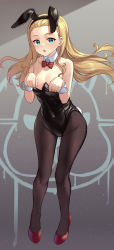 Rule 34 | 1girl, absurdres, alternate costume, animal ears, bare shoulders, black leotard, blonde hair, blue eyes, bow, bowtie, brown pantyhose, collarbone, commentary request, covered navel, detached collar, fake animal ears, fake tail, flat chest, grey background, highres, kurumi (lycoris recoil), leotard, long hair, looking at viewer, lycoris recoil, pantyhose, pizza (pizzania company), playboy bunny, rabbit ears, rabbit tail, red bow, red bowtie, red footwear, shoes, solo, standing, tail