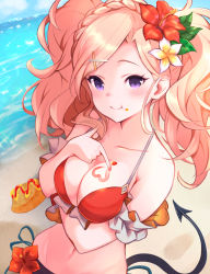 Rule 34 | 1girl, :t, amira (shingeki no bahamut), bare shoulders, bikini, braid, breasts, cleavage, closed mouth, collarbone, commentary request, day, demon tail, face, flower, food, food on body, food on breasts, food on face, granblue fantasy, hair flower, hair ornament, hairclip, heart, highres, holding, holding food, horizon, light brown hair, looking at viewer, medium breasts, ocean, outdoors, pilokey, purple eyes, red bikini, red flower, solo, swept bangs, swimsuit, tail, twintails, water, white flower, x hair ornament