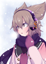 Rule 34 | 1girl, adapted costume, benizuwai, breath, brown eyes, brown hair, casual, commentary request, contemporary, earmuffs, gloves, hair between eyes, jacket, long sleeves, parted lips, pink jacket, pointy hair, purple gloves, purple scarf, scarf, short hair, snowing, solo, touhou, toyosatomimi no miko, upper body