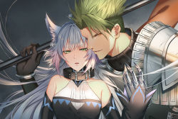 Rule 34 | achilles (fate), animal ears, armor, atalanta (fate), atalanta alter (fate), atalanta alter (first ascension) (fate), cat ears, collar, dark persona, darkavey, fate/apocrypha, fate/grand order, fate (series), green eyes, long hair, looking at viewer, manly, open mouth, polearm, silver hair, spear, weapon, yellow eyes