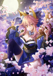 Rule 34 | 1girl, absurdres, animal ear fluff, animal ears, bare shoulders, blue kimono, blue ribbon, blue thighhighs, breasts, cherry blossoms, cleavage, commentary, commentary request, detached sleeves, double fox shadow puppet, fate/extella, fate/extra, fate/extra ccc, fate/grand order, fate (series), fox ears, fox girl, fox shadow puppet, fox tail, full moon, hair ribbon, highres, japanese clothes, kanna (chaos966), kimono, large breasts, looking at viewer, moon, mountain, nature, night, night sky, pink hair, ribbon, sky, solo, tail, tamamo (fate), tamamo no mae (fate/extra), thighhighs, yellow eyes