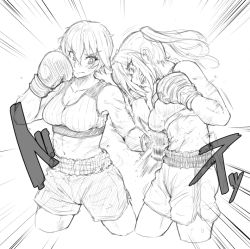 Rule 34 | 2girls, abs, bike shorts, boxing, boxing gloves, copyright request, fighting stance, gloves, greyscale, monochrome, multiple girls, muscular, nexas, punching, short hair, shorts, sports bra, tank top, twintails