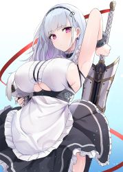 Rule 34 | 1girl, apron, arm up, armpits, azur lane, bare shoulders, black dress, breasts, cleavage, cleavage cutout, clothing cutout, cowboy shot, dido (azur lane), doll, dress, earrings, frilled dress, frills, gradient background, hairband, highres, holding, holding sword, holding weapon, jewelry, large breasts, long hair, looking at viewer, luse maonang, maid, maid apron, pink eyes, silver hair, solo, sword, underboob, underboob cutout, weapon