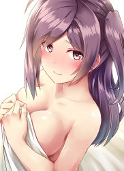 Rule 34 | 10s, 1girl, bed sheet, blanket, blush, breasts, brown eyes, cleavage, closed mouth, collarbone, colored eyelashes, eyebrows, fingernails, from above, hagikaze (kancolle), highres, kamelie, kantai collection, long hair, looking at viewer, medium breasts, nude, on bed, one side up, purple hair, simple background, smile, solo, upper body, white background