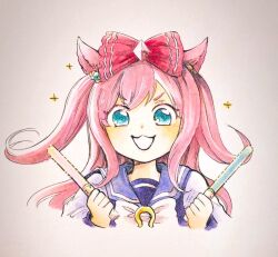 Rule 34 | 1girl, :3, agnes digital (umamusume), animal ears, aqua eyes, bow, bowtie, glowstick, hair bow, hands up, holding, holding glowstick, horse ears, long hair, long sleeves, looking at viewer, mame nabe donko, open mouth, pink hair, purple shirt, sailor collar, school uniform, shirt, smile, solo, sparkle, tracen school uniform, traditional media, two side up, umamusume, upper body, v-shaped eyebrows