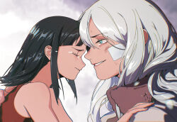 Rule 34 | 2girls, absurdres, aged down, artist name, bandage on face, bandages, bare shoulders, black hair, blue eyes, child, closed eyes, crying, crying with eyes open, face-to-face, family, from side, grey hair, hand on another&#039;s face, highres, long hair, mother and daughter, multiple girls, mygiorni, nico olvia, nico robin, one piece, smile, tears, teeth