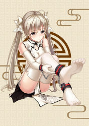 Rule 34 | blonde hair, bound, bound ankles, bound wrists, brown eyes, chain, china dress, chinese clothes, cuffs, dress, elbow gloves, eyes visible through hair, feet, gloves, hair ribbon, handcuffs, kasugano sora, long hair, panties, pantyshot, restrained, ribbon, sitting, soles, solo, thighhighs, tied up (nonsexual), toes, twintails, underwear, white thighhighs, yiduan zhu, yosuga no sora