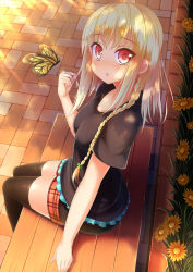 Rule 34 | 1girl, :o, alternate costume, bench, black thighhighs, blonde hair, blush, braid, breasts, bug, butterfly, casual, contemporary, flower, twirling hair, highres, insect, kirisame marisa, long hair, looking at viewer, medium breasts, netarou, no headwear, no headwear, open mouth, red eyes, shirt, shorts, side braid, sitting, solo, t-shirt, thighhighs, touhou
