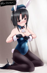 Rule 34 | 10s, 1girl, animal ears, ascot, bad id, bad pixiv id, black hair, breasts, detached collar, fake animal ears, gloves, high heels, kantai collection, large breasts, leotard, pantyhose, playboy bunny, rabbit ears, rabbit tail, red eyes, shintani kyou, short hair, sitting, solo, tail, takao (kancolle), wariza, wrist cuffs