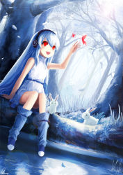 Rule 34 | :d, akizone, bad id, bad pixiv id, bare shoulders, bare tree, blue hair, blue theme, bug, rabbit, butterfly, dutch angle, forest, happy, headphones, highres, insect, nature, open mouth, original, red eyes, signature, sitting, smile, solo, sunlight, tree, water