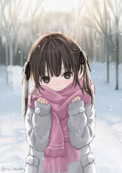 Rule 34 | 1girl, blush, breath, brown eyes, brown hair, child, closed mouth, coat, commentary request, day, forest, long hair, looking at viewer, nature, original, pink scarf, pocket, ruimado, scarf, smile, snow, snowing, solo, twintails, white coat, winter, winter uniform