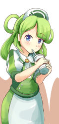 Rule 34 | 1girl, blue eyes, blush, creatures (company), cup, disposable cup, drinking, drinking straw, game freak, green hair, hair rings, hat, highres, holding, holding cup, kagotome, long hair, looking at viewer, nintendo, nurse cap, pokemon, pokemon masters ex, short sleeves, simple background, solo, standing, trinnia (pokemon), upper body
