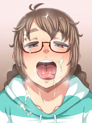 Rule 34 | 1girl, blonde hair, blush, braid, collarbone, cum, cum on body, cum on clothes, cum on eyewear, cum on hair, cum on upper body, enoshima iki, facial, glasses, highres, hood, long hair, looking at viewer, open mouth, oral invitation, original, pink eyes, saliva, simple background, solo, striped, teeth, tongue, tongue out, twin braids, upper body